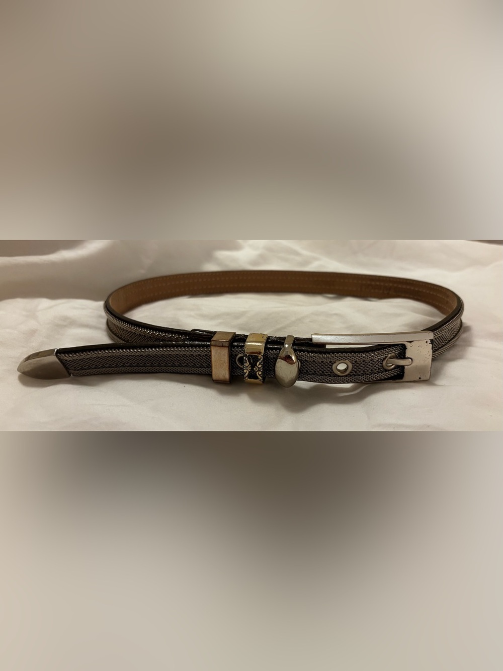 Streets Ahead Metallic Leather Skinny Belt Small Silver Gunmetal Boho Western